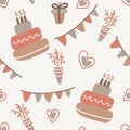 Cute baby Birthday Cakes Seamless Pattern. Tasty Celebratory Decorated Bakery, Cupcakes With Burning Candles on beige