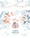Cute baby birthday party nursery watercolor animal isolated illustration for children. forest r and jungle dancing baby shower