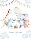 Cute baby birthday party nursery watercolor animal isolated illustration for children. forest r and jungle dencing baby