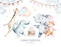Cute baby birthday party nursery watercolor animal isolated illustration for children. forest r and jungle dencing baby