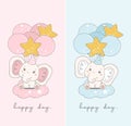 Cute baby blue boy and pink girl elephant sitting on cloud with balloons, cartoon nursery doodle animal wildlife illustration Royalty Free Stock Photo