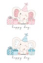 Cute baby blue boy and pink girl elephant sitting with present boxes, cartoon nursery doodle animal wildlife illustration vector Royalty Free Stock Photo