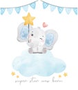 Cute baby blue elephant sitting on soft cloud, baby shower birthday watercolour hand drawn  cartoon animal vector Royalty Free Stock Photo