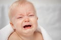 Cute baby with blue eyes lying on bed Royalty Free Stock Photo