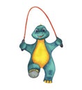 Cute Baby blue green and yellow watercolour sport Dinosaur jumping with red skipping rope. Sports equipment. Hand drawn