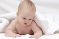Cute baby boy in bed under a fluffy blanket Royalty Free Stock Photo