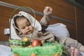 Cute baby boy in the bunny costume playing with the basket with colorful easter eggs. Easter egg hunt and baby development Royalty Free Stock Photo