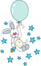 Cute baby boy bunny with pacifier and balloon flying on stars Royalty Free Stock Photo