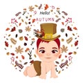 Cute baby boy crawling in fall bullet. Baby shower concept in Autumn vector