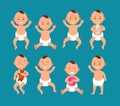 Cute baby boy in diaper. Infant with different emotions cartoon vector characters set Royalty Free Stock Photo