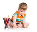 Cute baby boy drawing with color pencils Royalty Free Stock Photo