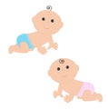 Cute baby boy and girl crawling in pink blue diaper icon set. Isolated. White background. Baby shower. Cartoon character. Flat des Royalty Free Stock Photo