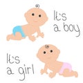 Cute baby boy and girl crawling in pink blue diaper icon set. Its a boy. Its a girl. Isolated. White background. Baby shower. Cart Royalty Free Stock Photo