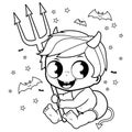 Cute baby boy in Halloween devil costume. Vector black and white coloring page.