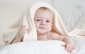 Cute baby boy lying under white blanket on bed Royalty Free Stock Photo