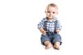 Cute baby boy with one hand over white background Royalty Free Stock Photo