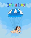 Cute baby boy in pilot hat falling down with blue parachute