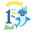 Cute baby boy shark birthday card illustration
