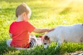 Cute Baby Boy Sitting In Grass Petting Dog Royalty Free Stock Photo