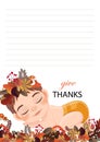 Cute baby boy sleeping in colorful flat style with autumn card with blank space for text. Baby shower concept in Autumn