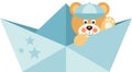 Cute baby boy teddy bear on blue paper boat Royalty Free Stock Photo