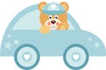 Cute baby boy teddy bear in blue toy cart Royalty Free Stock Photo