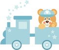 Cute baby boy teddy bear on blue toy train Royalty Free Stock Photo