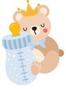 Cute baby boy teddy bear holding a baby bottle of milk Royalty Free Stock Photo