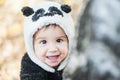 Cute baby boy wearing a Panda bear suit Royalty Free Stock Photo