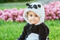 Cute baby boy wearing a Panda bear suit sitting in grass and flowers at park. Royalty Free Stock Photo