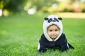 Cute baby boy wearing a Panda bear suit sitting in grass at park Royalty Free Stock Photo