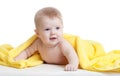 Cute baby boy in yellow towel on white Royalty Free Stock Photo