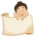 Cute baby Buddha over unrolled scroll, Vector illustration