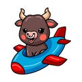 Cute baby bull cartoon flying on plane Royalty Free Stock Photo