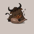 Cute baby bull cartoon sleeping face on pillow flat vector icon illustration Royalty Free Stock Photo