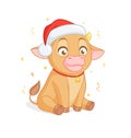 Cute baby bull in Santas hat sitting. Cartoon vector on white background. Royalty Free Stock Photo