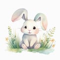 Cute baby bunny, pastel colors, flowers, watercolor illustration Royalty Free Stock Photo