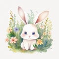 Cute baby bunny, pastel colors, flowers, watercolor illustration Royalty Free Stock Photo