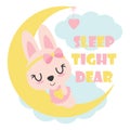 Cute baby bunny sleeps on moon cartoon illustration for kid t shirt design