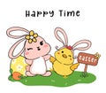 Cute baby bunny white rabbit hold hand baby smiley chicken, celebrating Easter, cartoon drawing outline, happy time with best