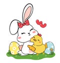 Cute baby bunny white rabbit hug baby smiley chicken, celebrating Easter, cartoon drawing outline, Best friend