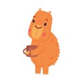 Cute baby capybara holding cup of tea. Funny animal of South America cartoon vector illustration