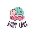 Cute baby care logo with sleeping infant, big pink ribbon bow, bet star toys hanging isplated on white background.