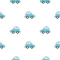 Cute baby cars pattern seamless kids background. Blue cartoon cars on white. Baby boys design vector