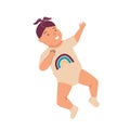 Cute baby. Cartoon girl lying on back. Child in casual romper. Isolated newborn daughter waving hands. Happy smiling toddler.