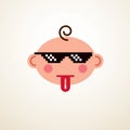 Cute baby cartoon vector flat icon, adorable happy and child showing tongue and pixel glasses of life thug emoji.