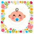 Cute baby cartoon vector flat icon, adorable happy and smiling child with nipple emoji. With nice childish frame of flowers,