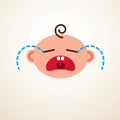 Cute baby cartoon vector flat icon, sad crying and unhappy child