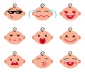 Cute baby cartoon vector flat icons set of emoji smiley collection, adorable, happy, smiling, laughing, showing tongue, cool pixel