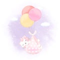 Cute baby cat with balloon hand drawn newborn cartoon illustration